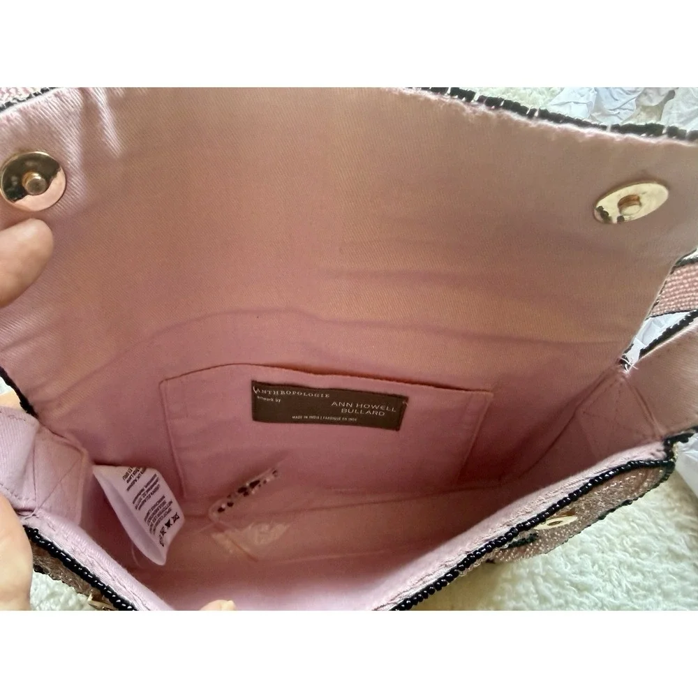 NWT Anthropologie The Fiona Beaded Bag: Icon Edition Pink Black Hearts